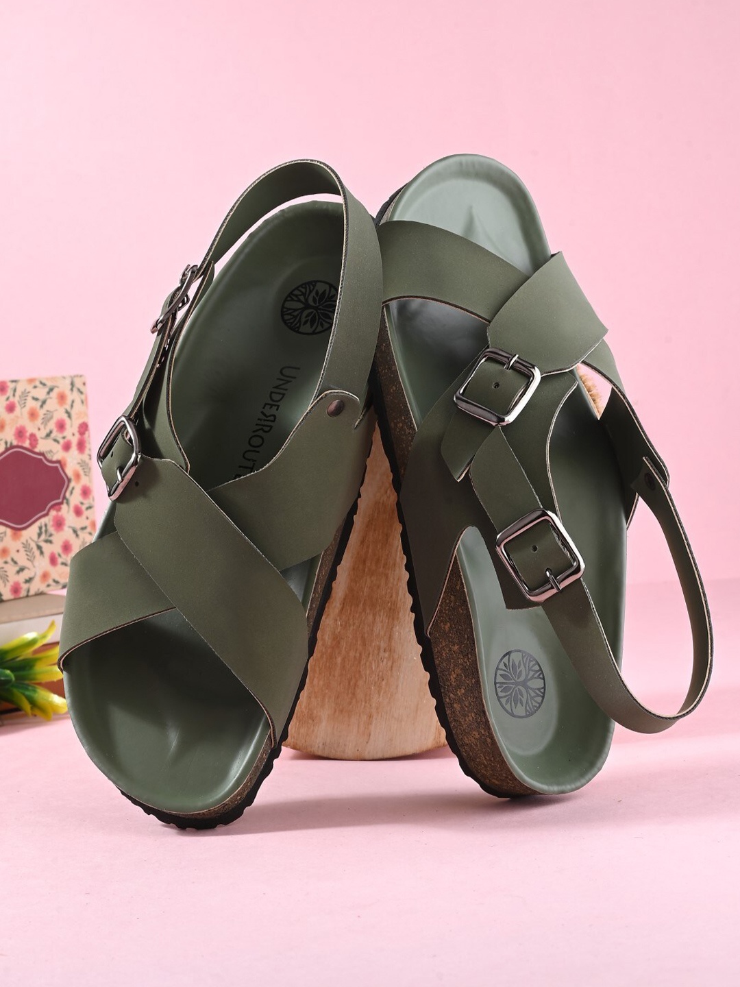 

UNDERROUTE Buckled Lightweight Open Toe Flats, Olive