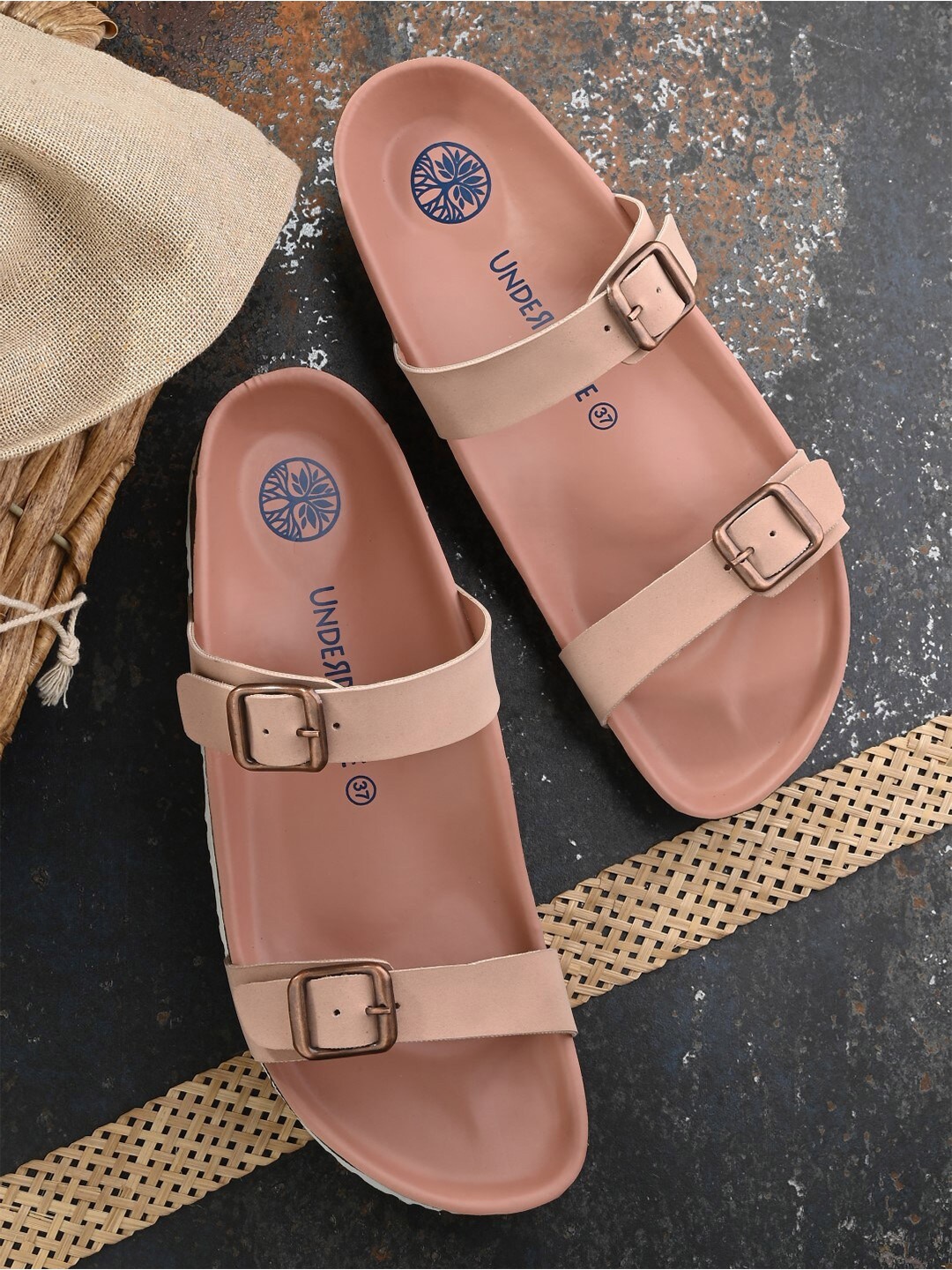 

UNDERROUTE Women Lightweight Two Strap Open Toe Flats With Buckles, Pink