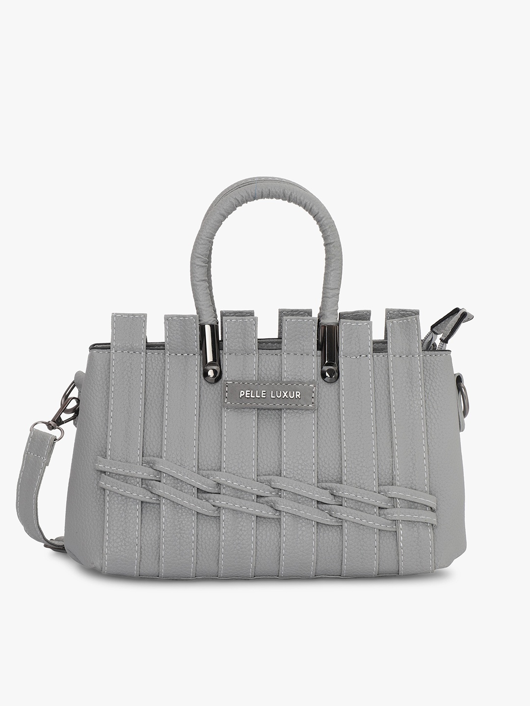 

PELLE LUXUR Geometric Self Design Structured Handheld Bag, Grey