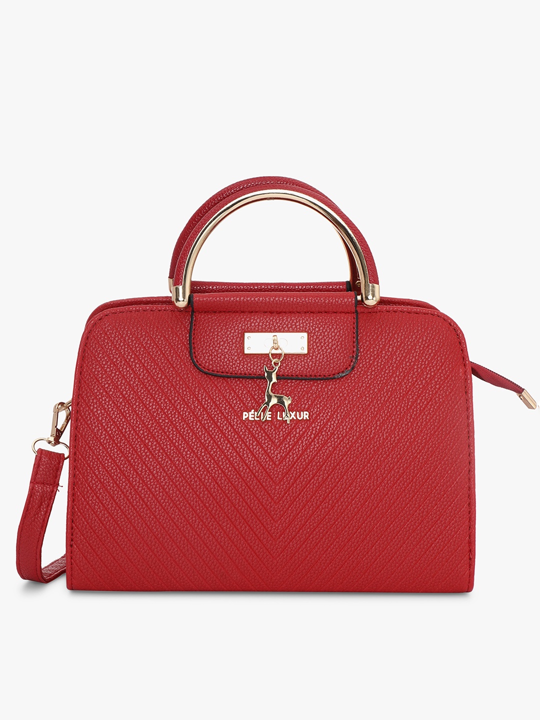 

PELLE LUXUR Textured Structured Handheld Bag With Quilted, Red