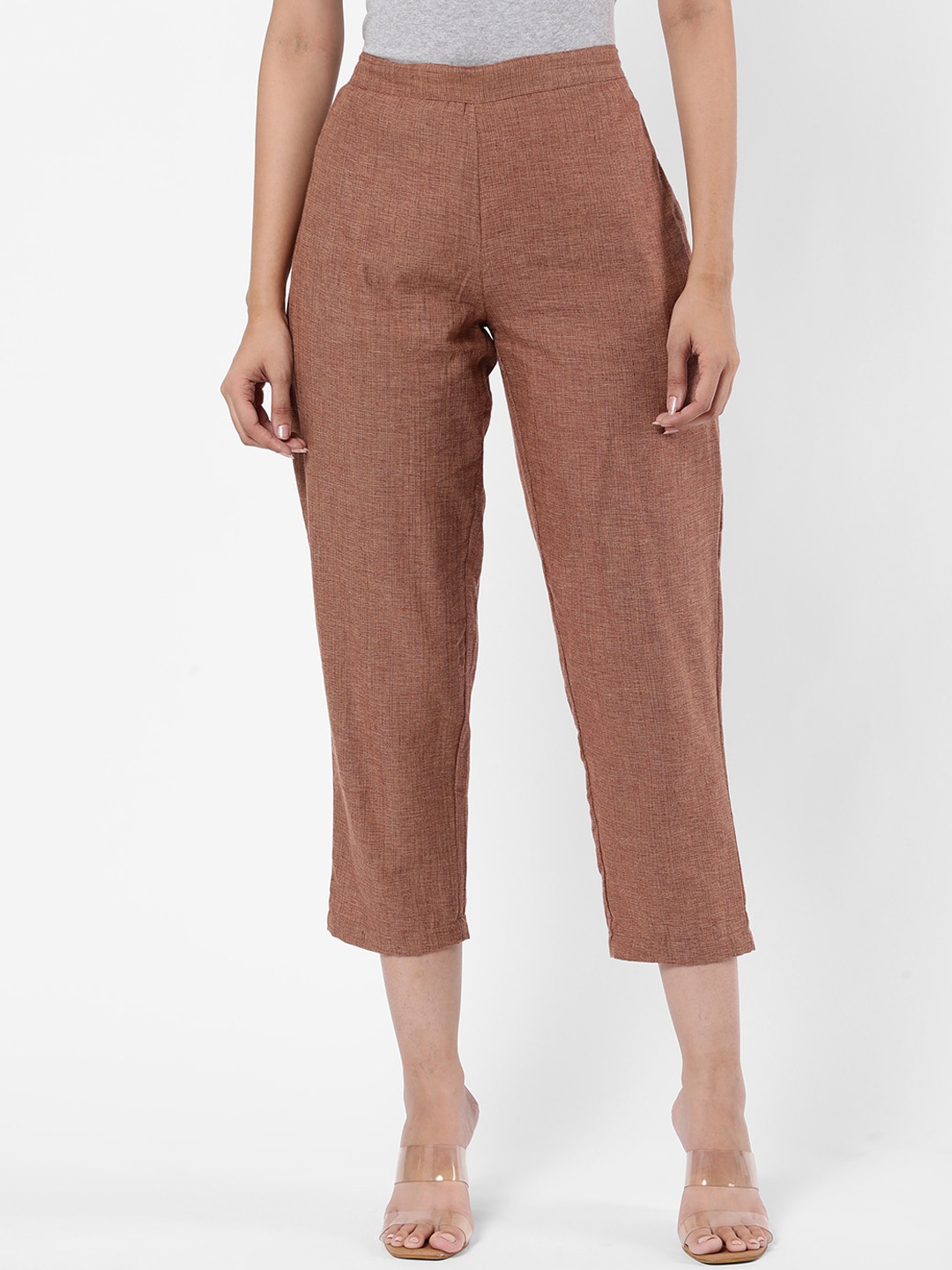 

R&B Women Textured Tapered Fit Cotton Trousers, Brown
