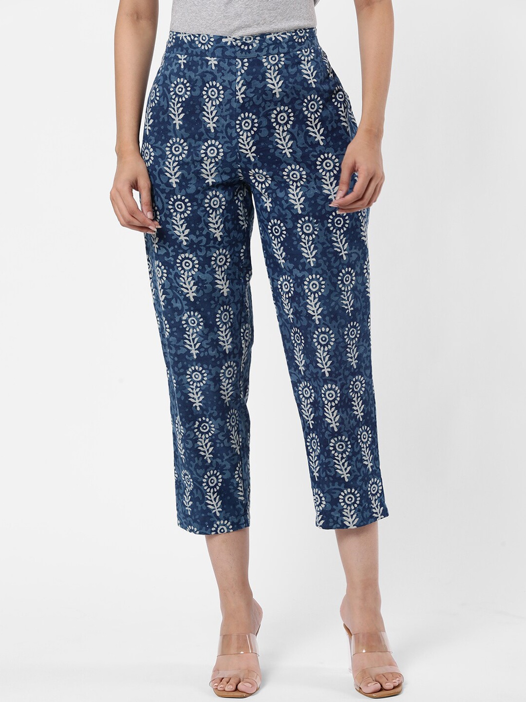 

R&B Women Ethnic Motifs Printed Tapered Fit Cotton Regular Trousers, Blue