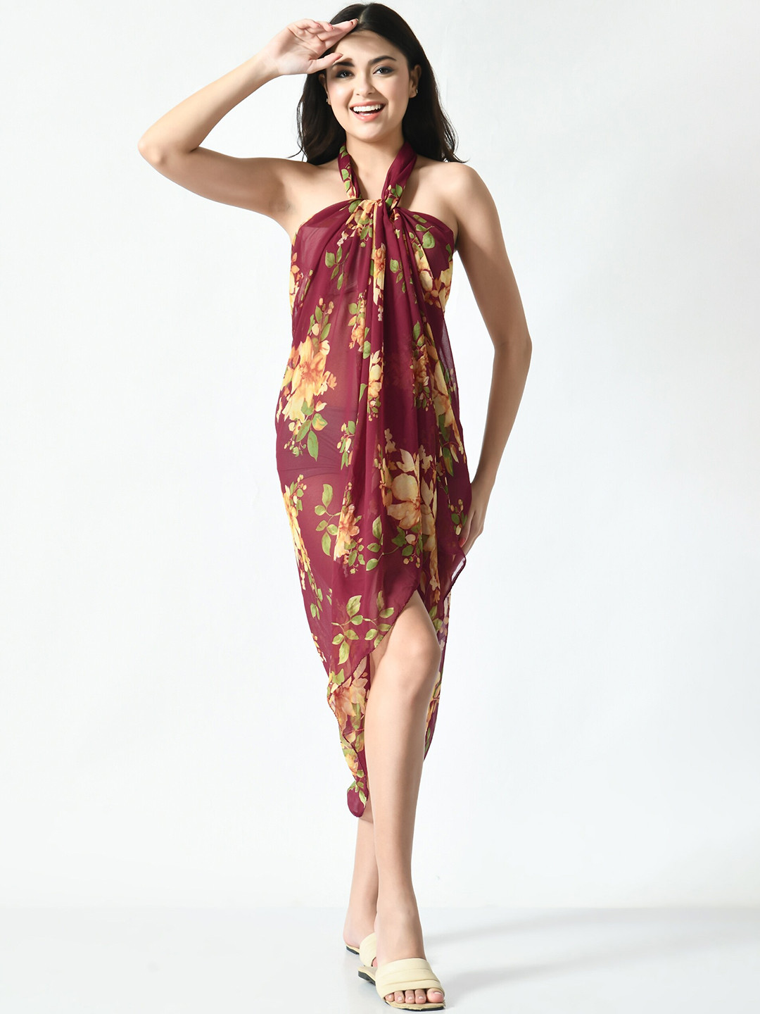 

MIRCHI FASHION Maroon & Yellow Floral Printed Swimwear Cover Up Sarong