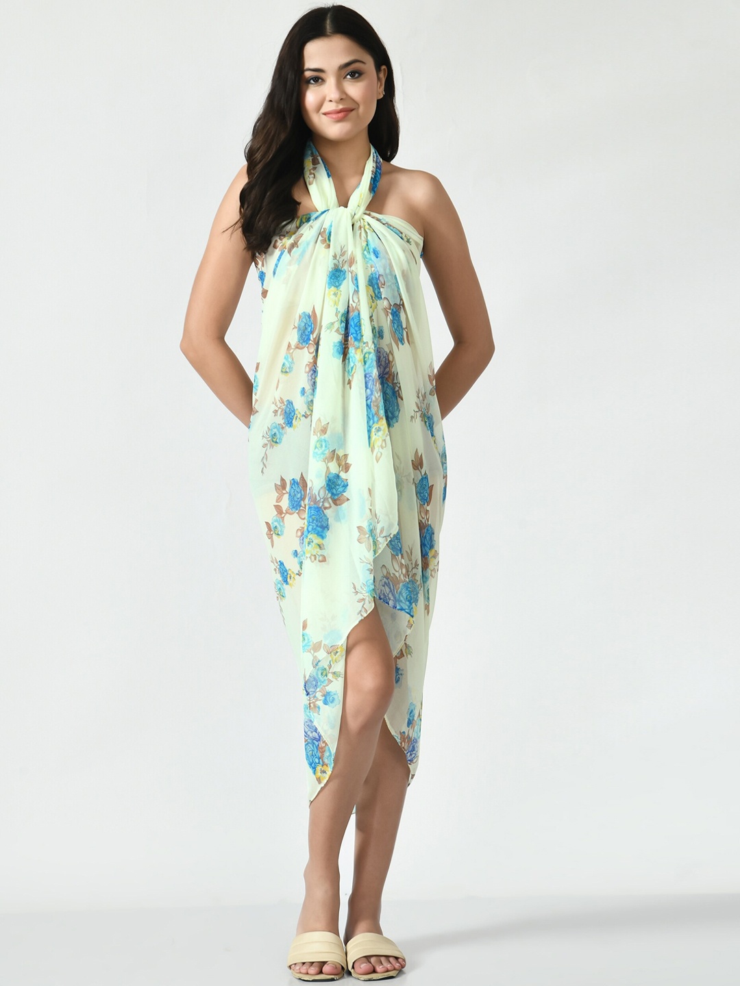 

MIRCHI FASHION Green & Sky Blue Floral Printed Swimwear Cover Up Sarong