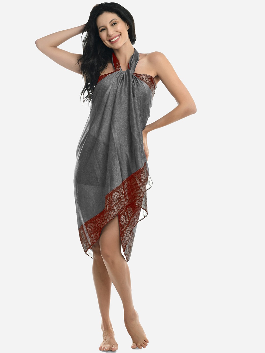 

MIRCHI FASHION Grey & Maroon Floral Printed Lacy Detail Swimwear Cover Up Sarong