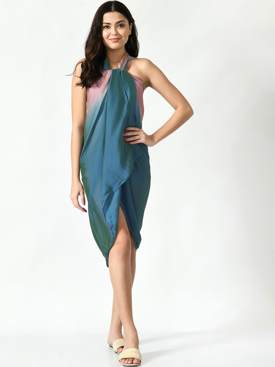 

MIRCHI FASHION Peacock Blue & Dusty Pink Colourblocked Swimwear Cover Up Sarong