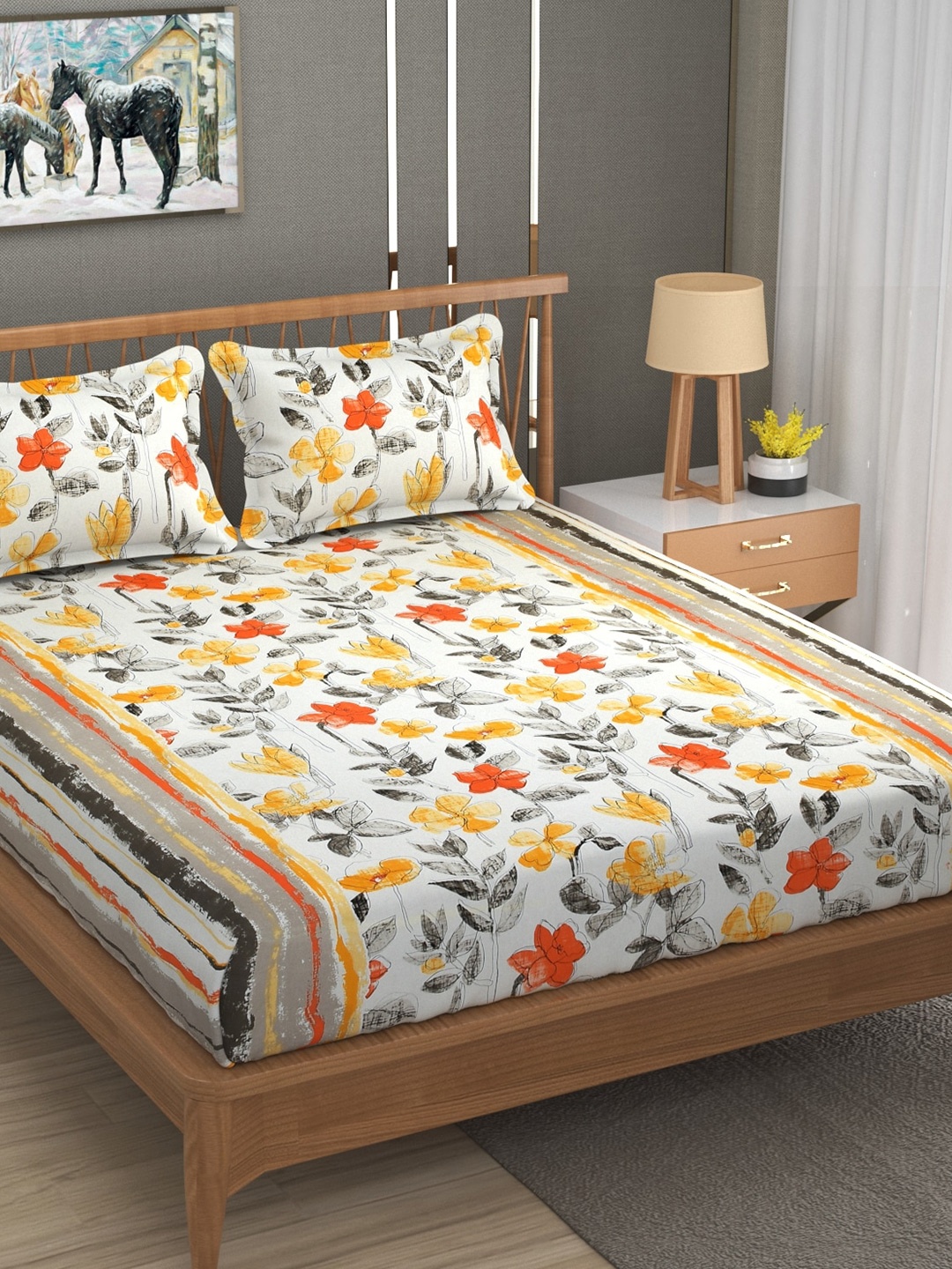 

MAFATLAL White & Yellow Floral 180 TC Queen Bedsheet with 2 Pillow Covers