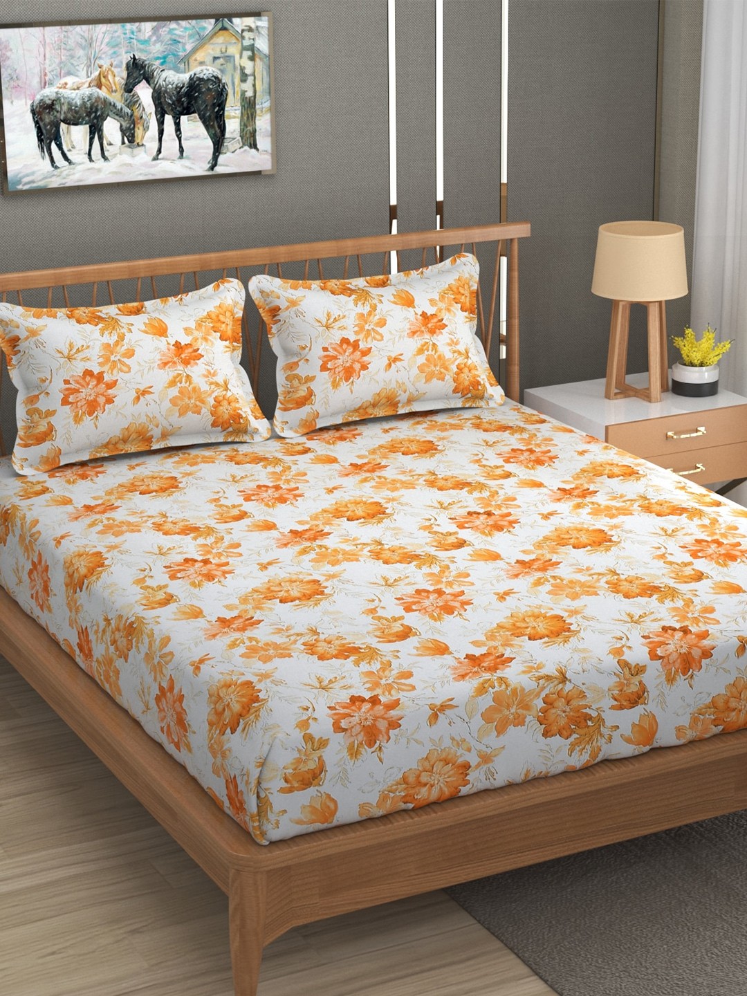 

MAFATLAL Yellow & White Floral Cotton 180 TC Queen Bedsheet With 2 Pillow Covers