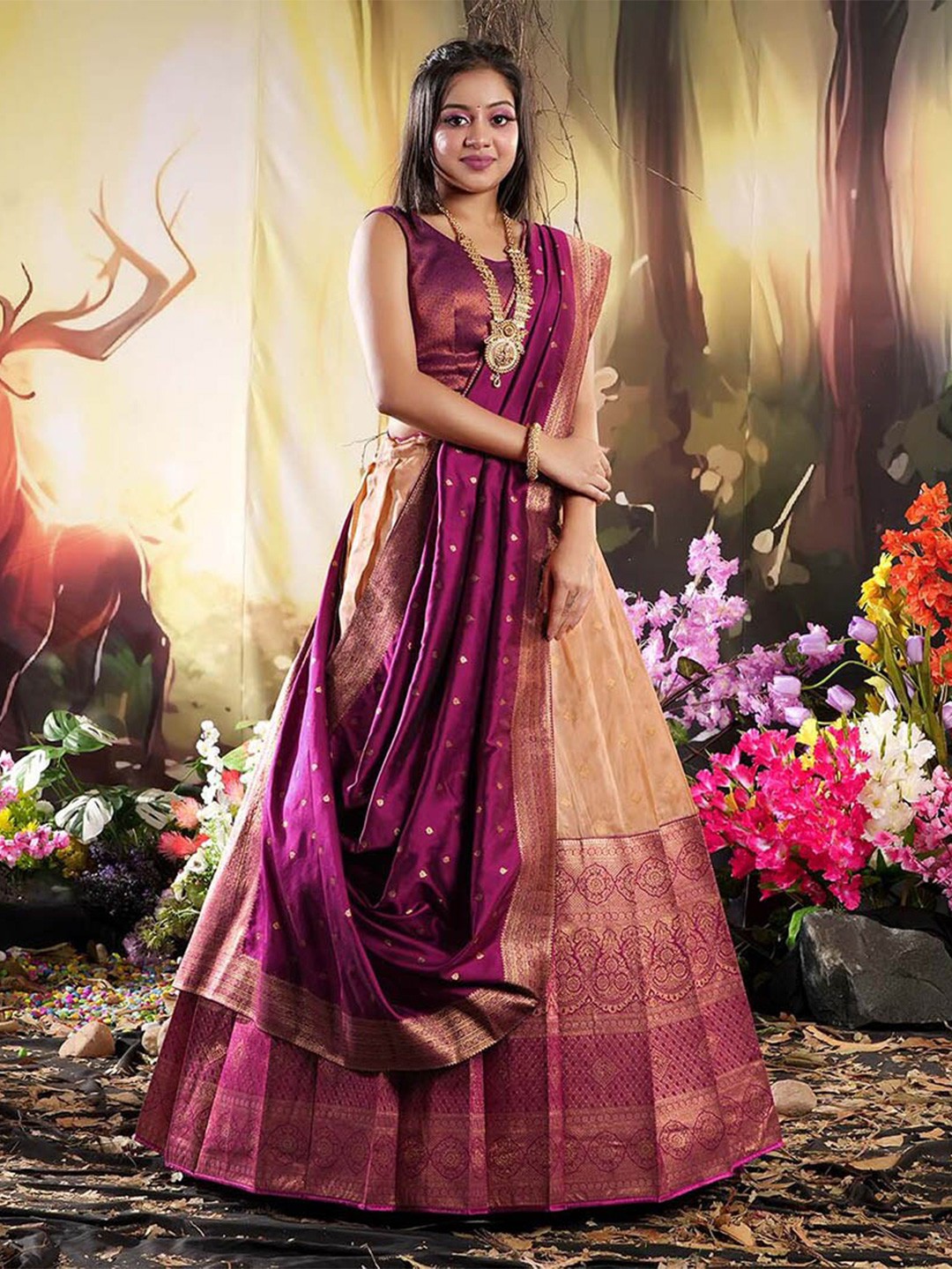 

HALFSAREE STUDIO Woven Design Semi-Stitched Lehenga & Blouse With Dupatta, Peach