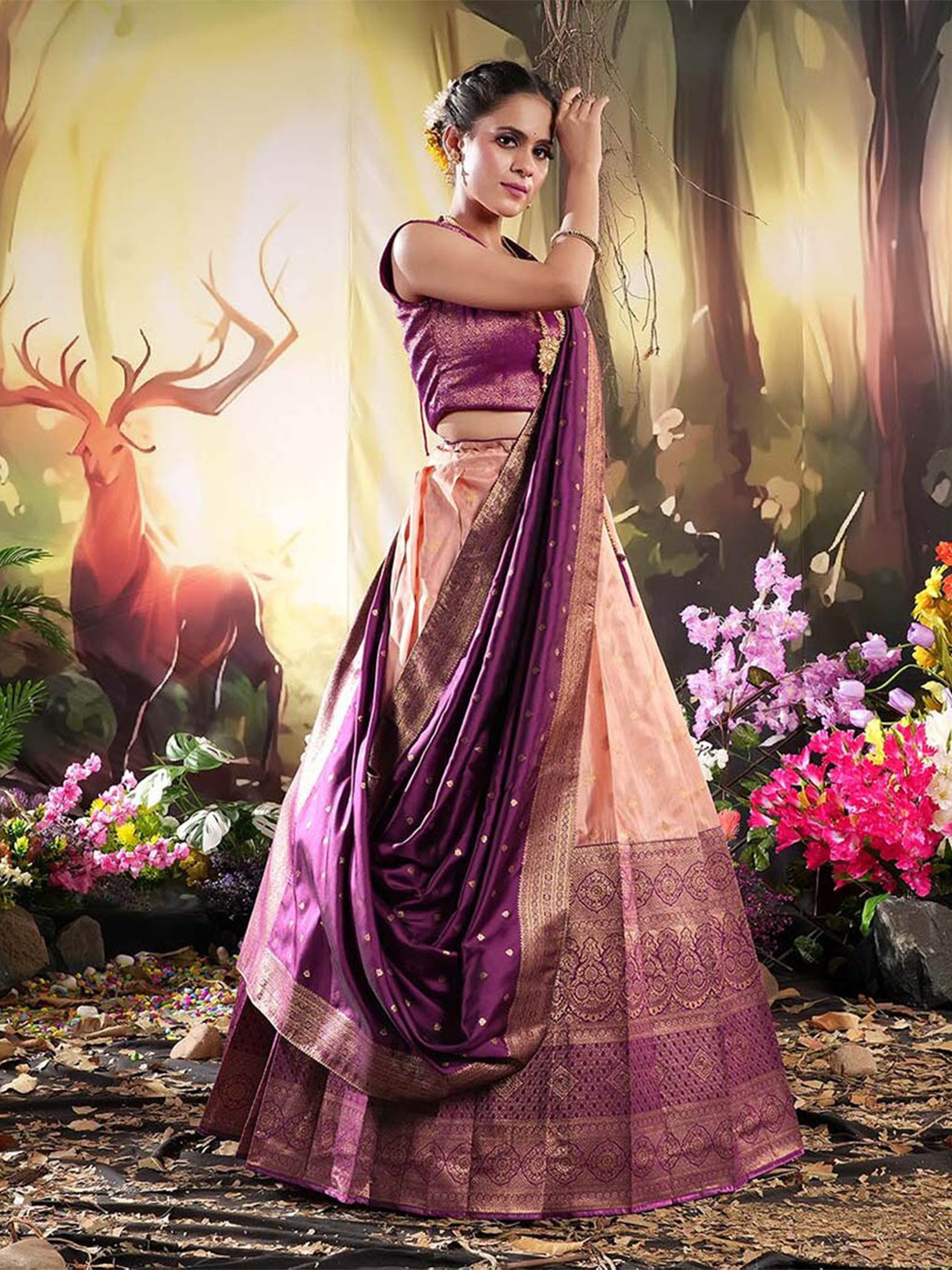 

HALFSAREE STUDIO Semi Stitched Lehenga & Blouse With Dupatta, Pink