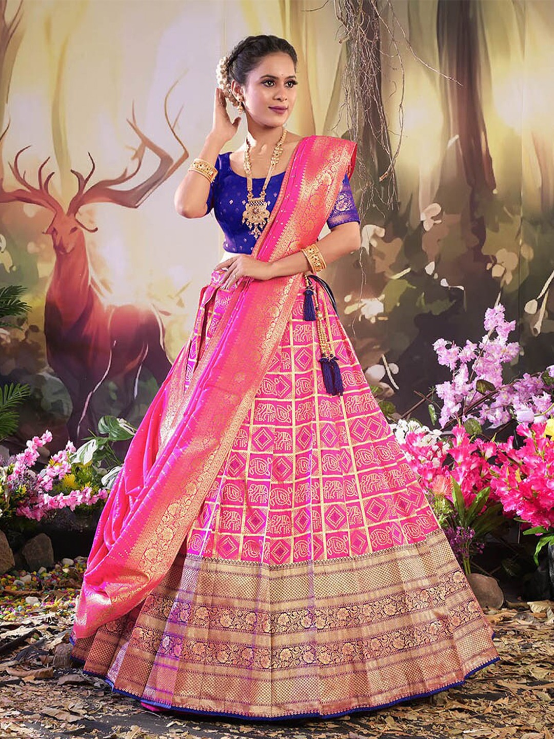 

HALFSAREE STUDIO Semi Stitched Lehenga & Blouse With Dupatta, Pink