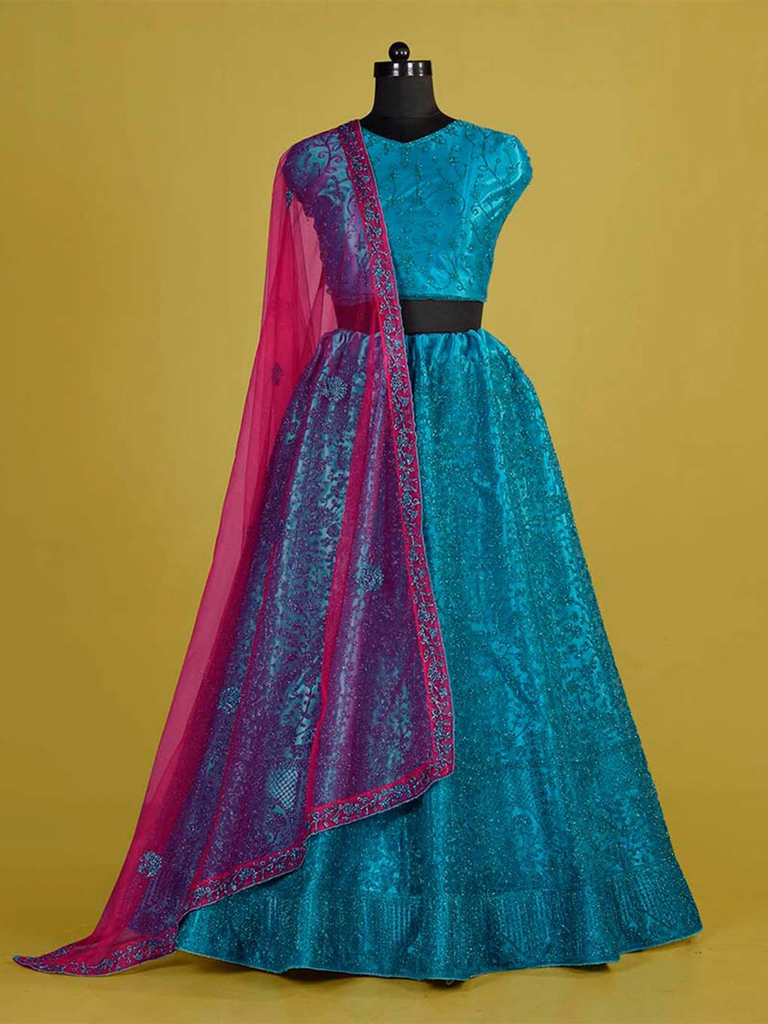 

HALFSAREE STUDIO Embroidered Beads and Stones Semi-Stitched Lehenga & Blouse With Dupatta, Blue