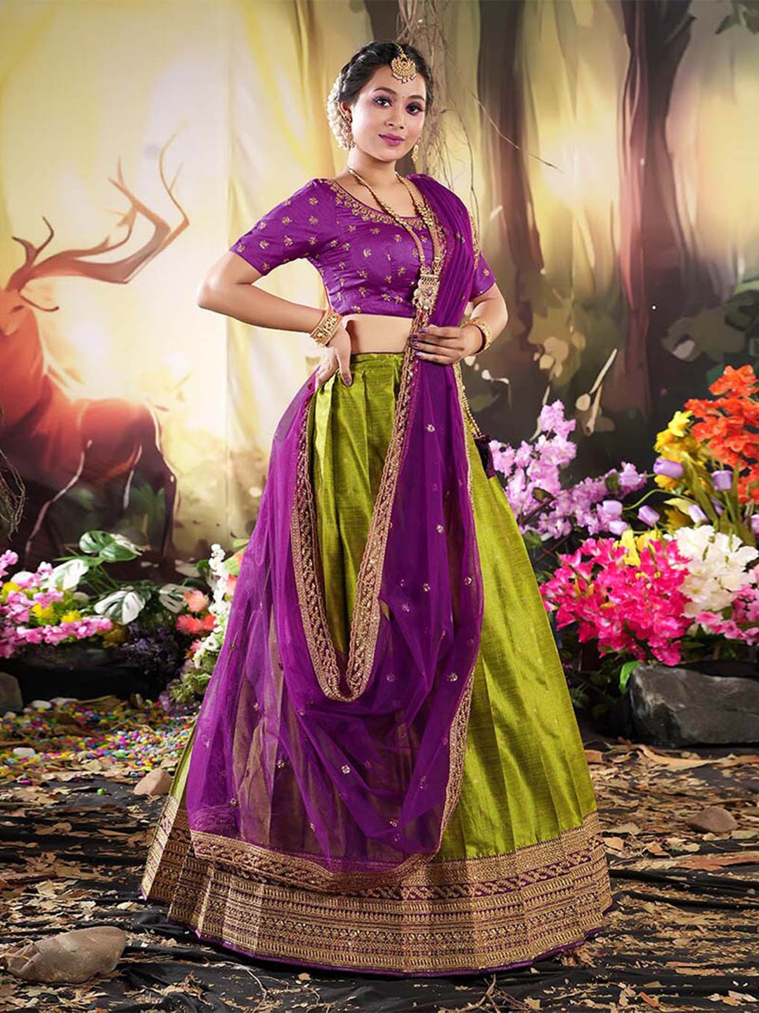 

HALFSAREE STUDIO Semi-Stitched Lehenga & Blouse With Dupatta, Green