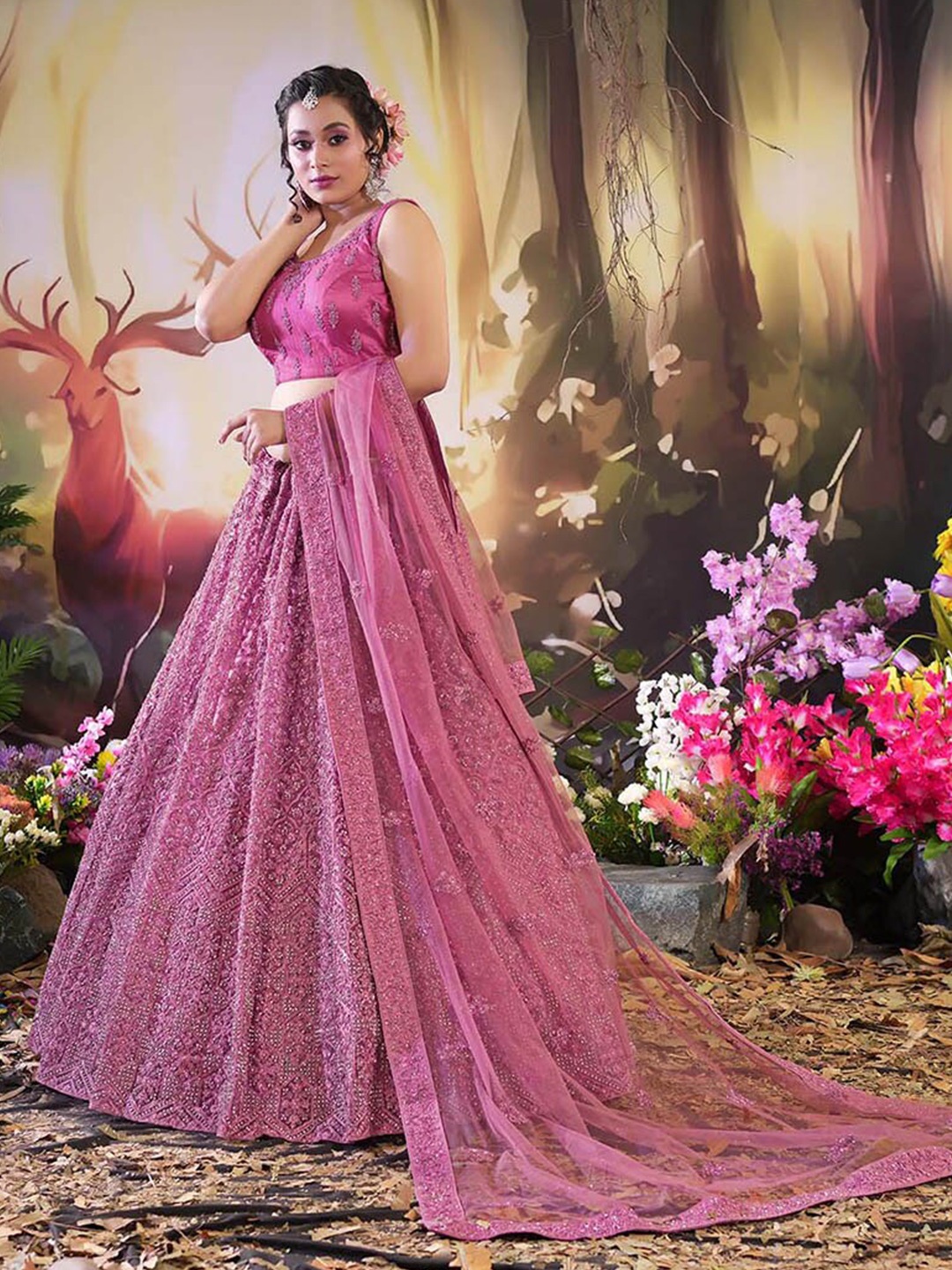 

HALFSAREE STUDIO Semi Stitched Lehenga & Blouse With Dupatta, Pink