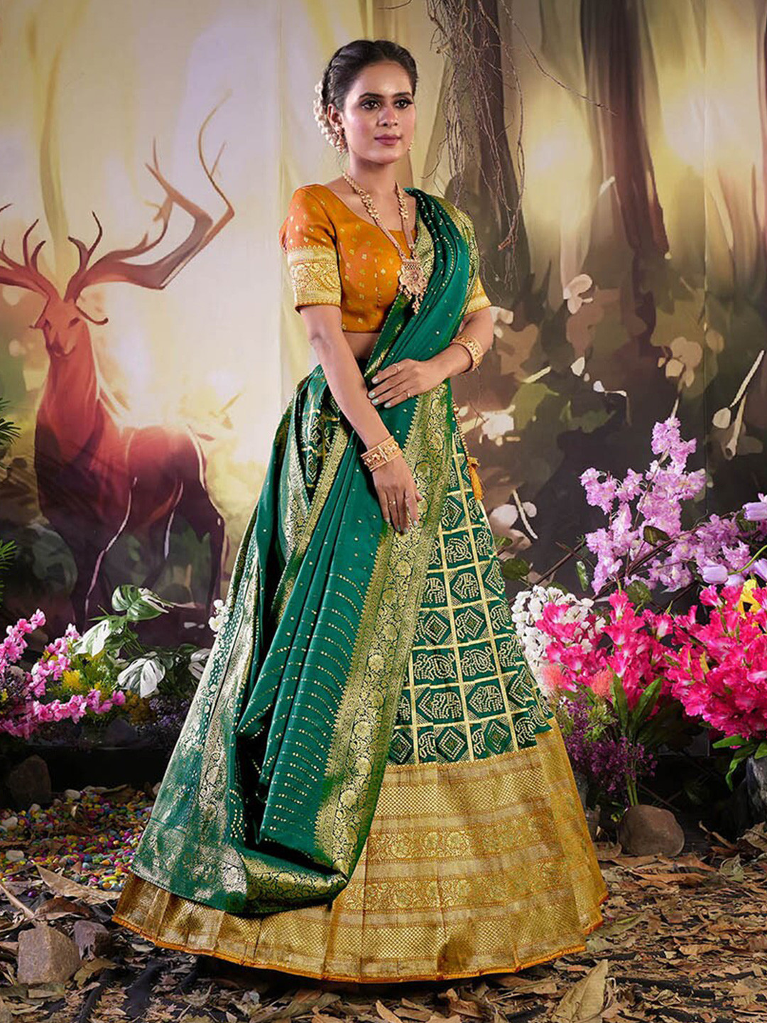

HALFSAREE STUDIO Semi Stitched Lehenga & Blouse With Dupatta, Green