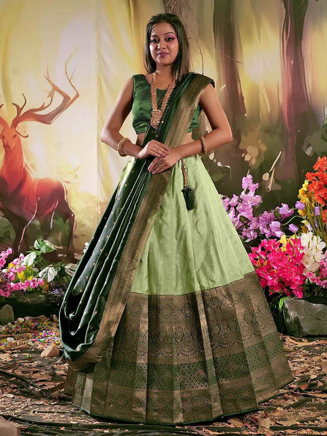 

HALFSAREE STUDIO Semi-Stitched Lehenga & Blouse With Dupatta, Green