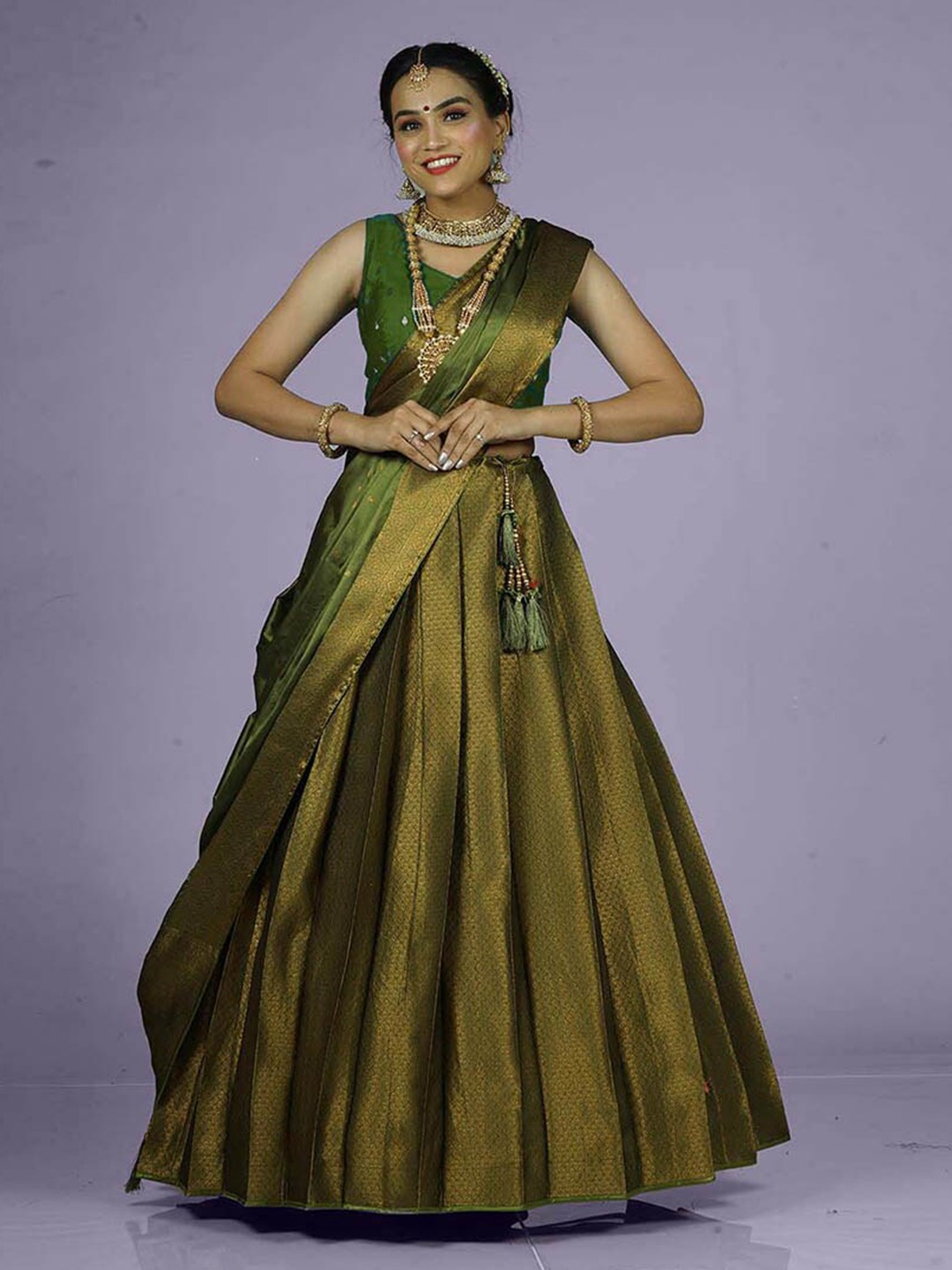 

HALFSAREE STUDIO Semi-Stitched Lehenga & Blouse With Dupatta, Olive