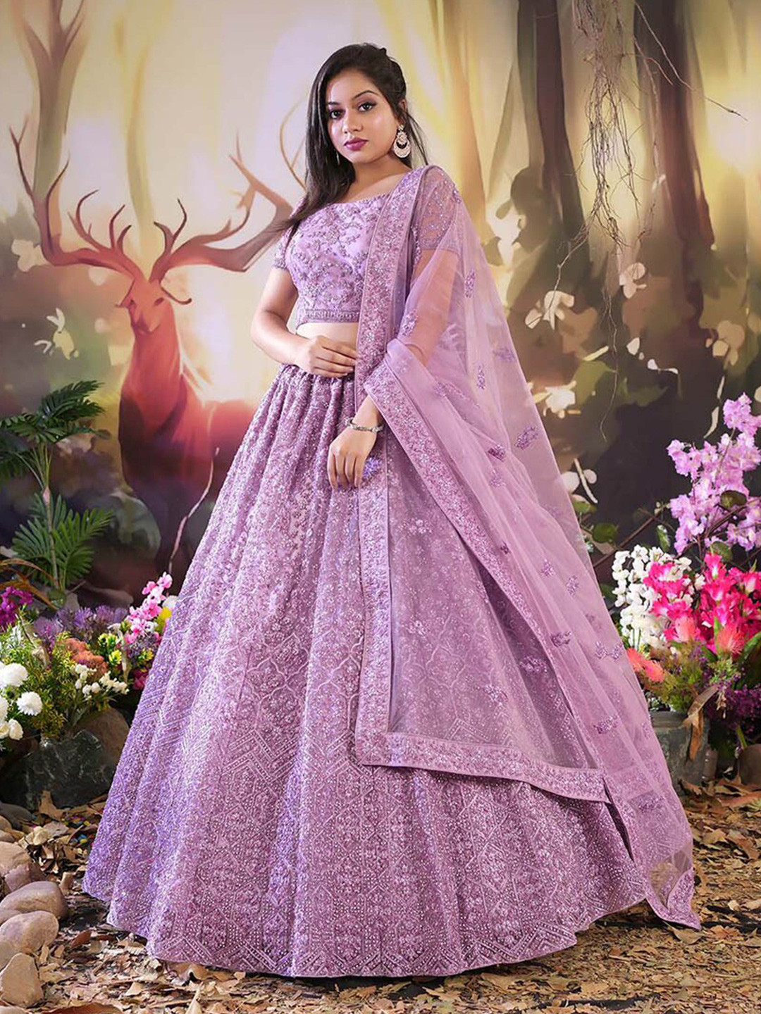 

HALFSAREE STUDIO Embellished Semi-Stitched Silk Lehenga With Blouse & Dupatta, Lavender