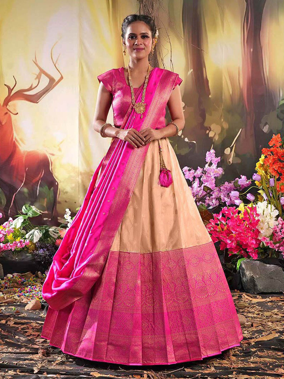 

HALFSAREE STUDIO Woven Design Semi-Stitched Banarasi Silk Lehenga With Blouse & Dupatta, Peach