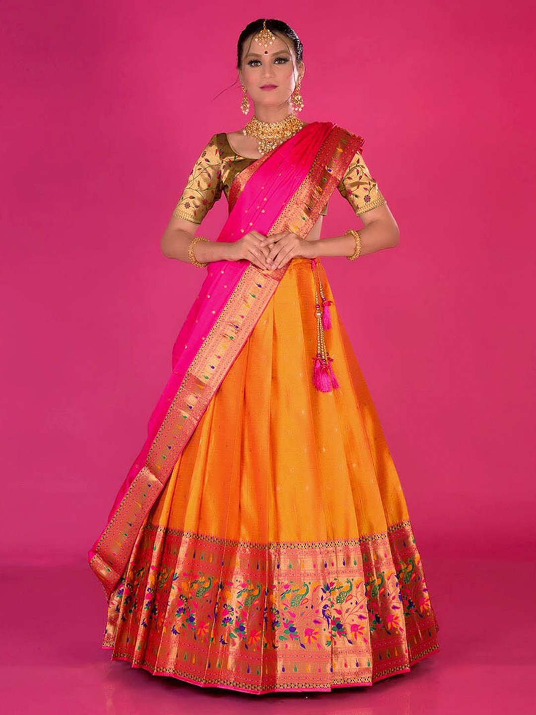 

HALFSAREE STUDIO Semi Stitched Lehenga & Blouse With Dupatta, Gold