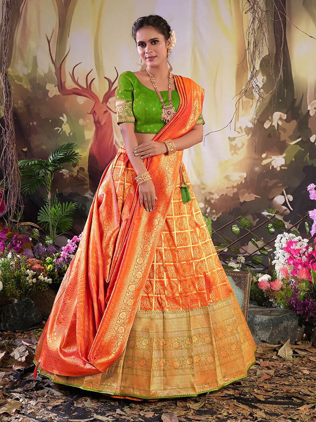 

HALFSAREE STUDIO Woven Design Semi-Stitched Lehenga & Blouse With Dupatta, Orange