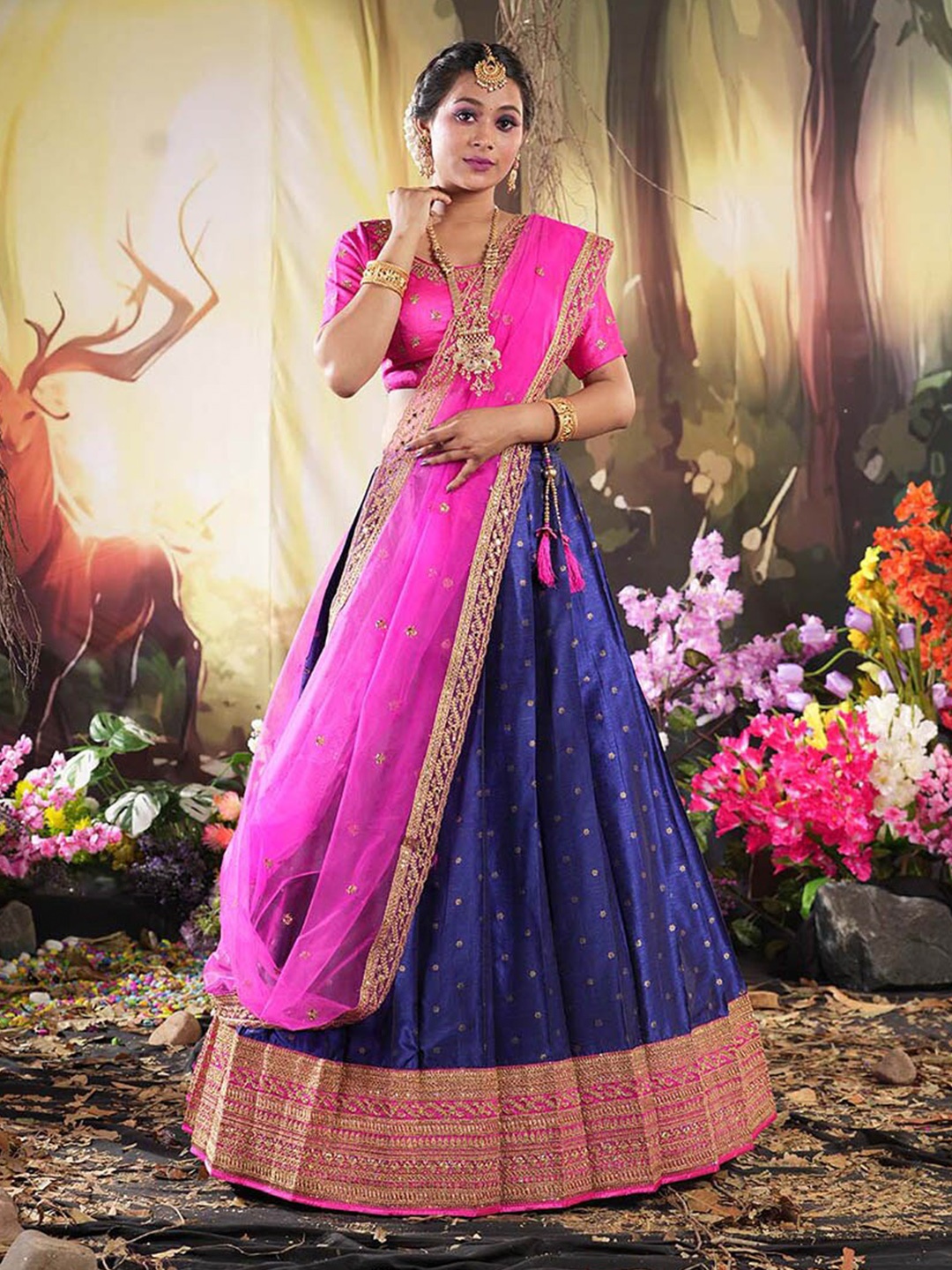 

HALFSAREE STUDIO Woven Design Semi-Stitched Lehenga & Blouse With Dupatta, Blue