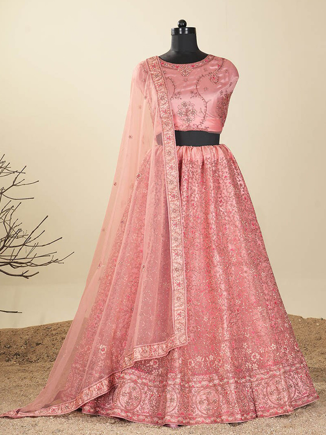 

HALFSAREE STUDIO Thread Work Semi-Stitched Lehenga & Blouse With Dupatta, Peach