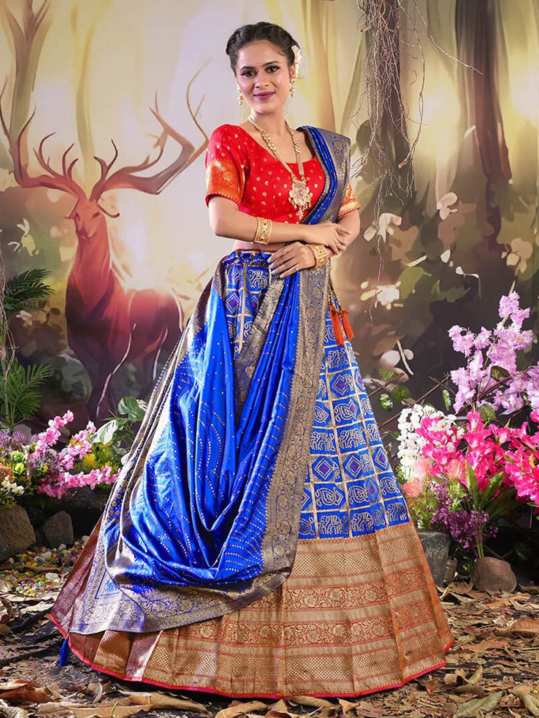 

HALFSAREE STUDIO Semi-Stitched Lehenga & Blouse With Dupatta, Blue