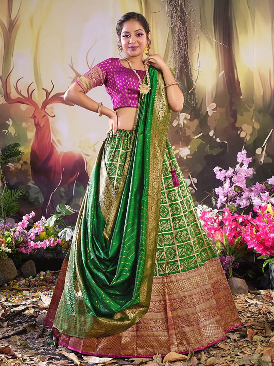 

HALFSAREE STUDIO Semi-Stitched Lehenga & Blouse With Dupatta, Green
