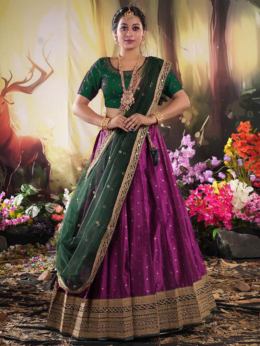 

HALFSAREE STUDIO Semi-Stitched Lehenga & Blouse With Dupatta, Green