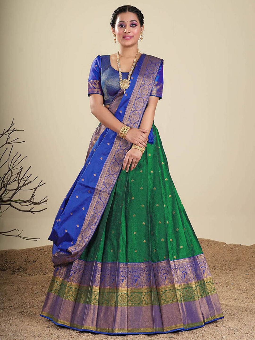 

HALFSAREE STUDIO Semi-Stitched Lehenga & Blouse With Dupatta, Green