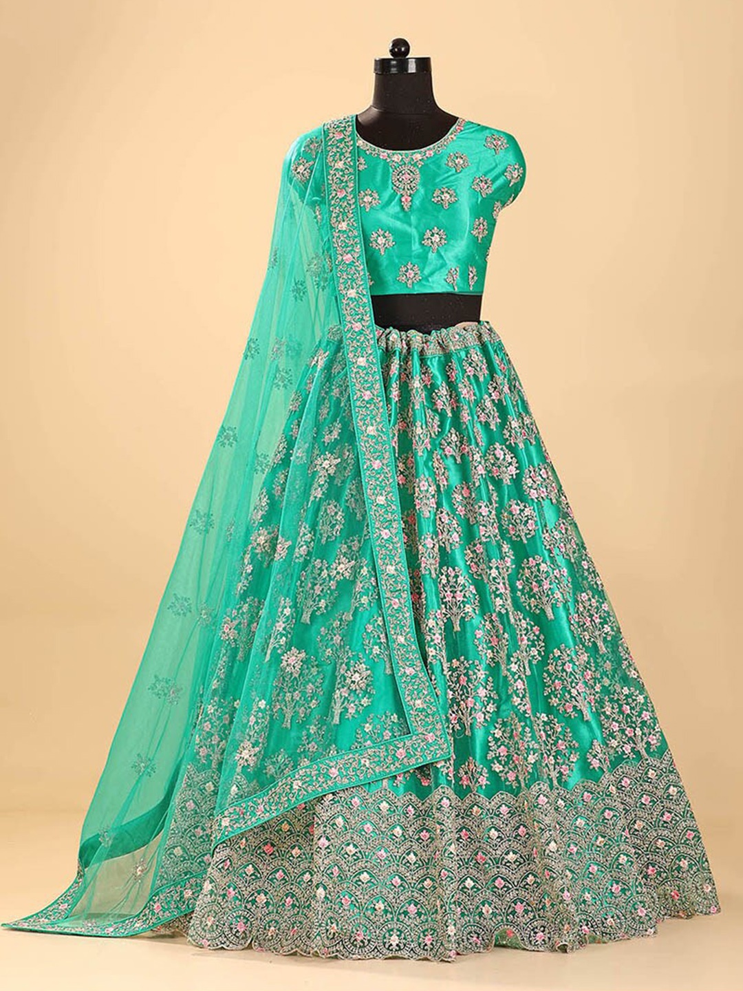 

HALFSAREE STUDIO Semi-Stitched Lehenga & Blouse With Dupatta, Green