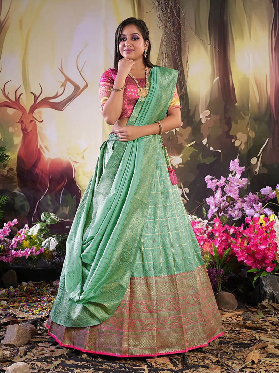 

HALFSAREE STUDIO Semi-Stitched Lehenga & Blouse With Dupatta, Green