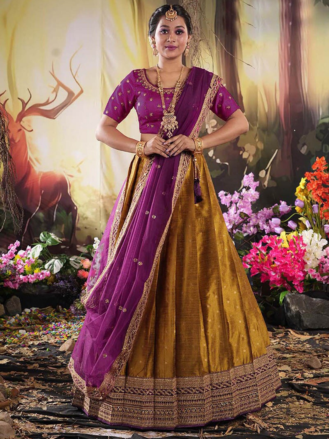 

HALFSAREE STUDIO Semi-Stitched Lehenga & Blouse With Dupatta, Mustard