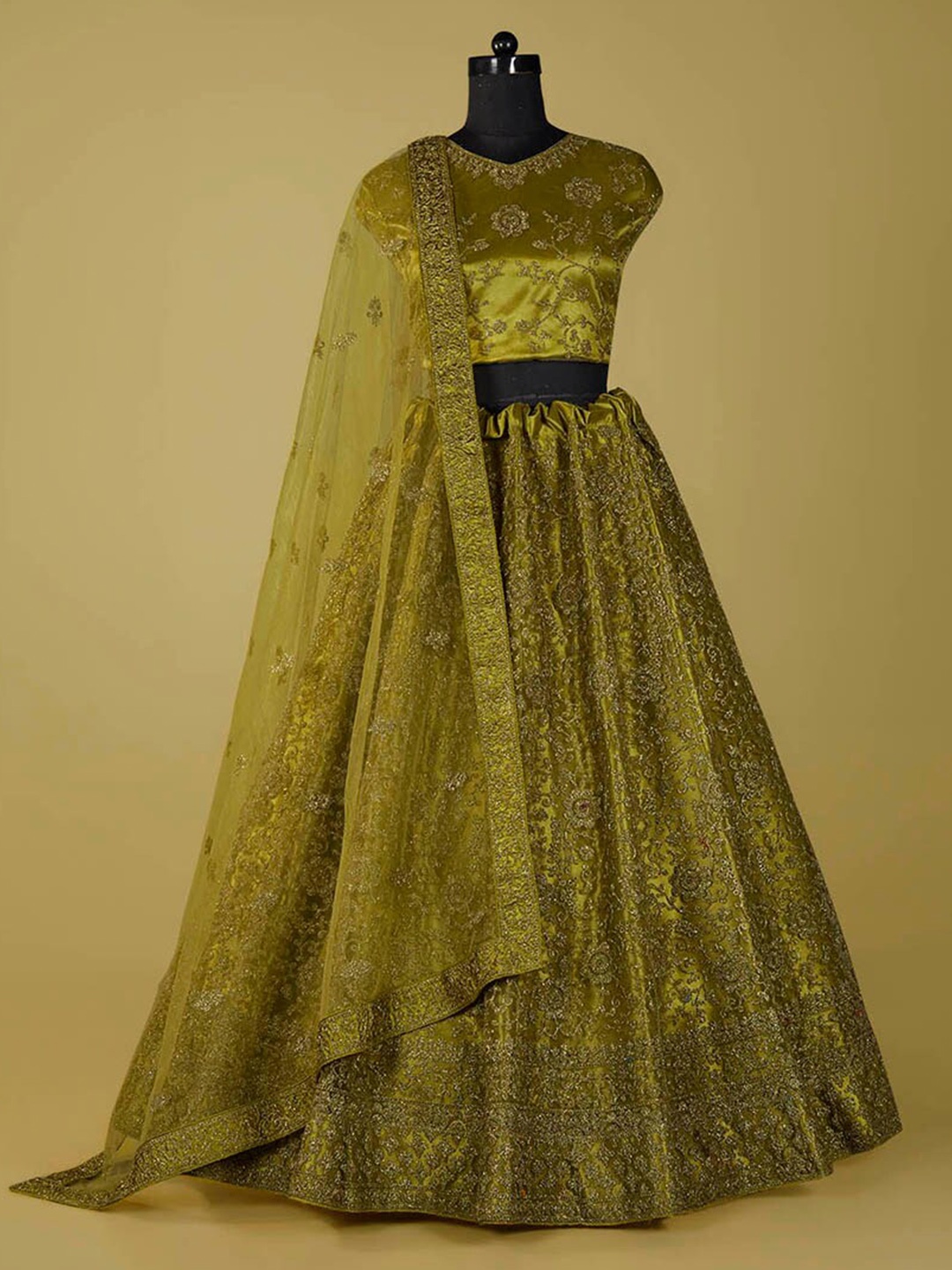 

HALFSAREE STUDIO Embroidered Thread Work Semi-Stitched Lehenga & Blouse With Dupatta, Olive