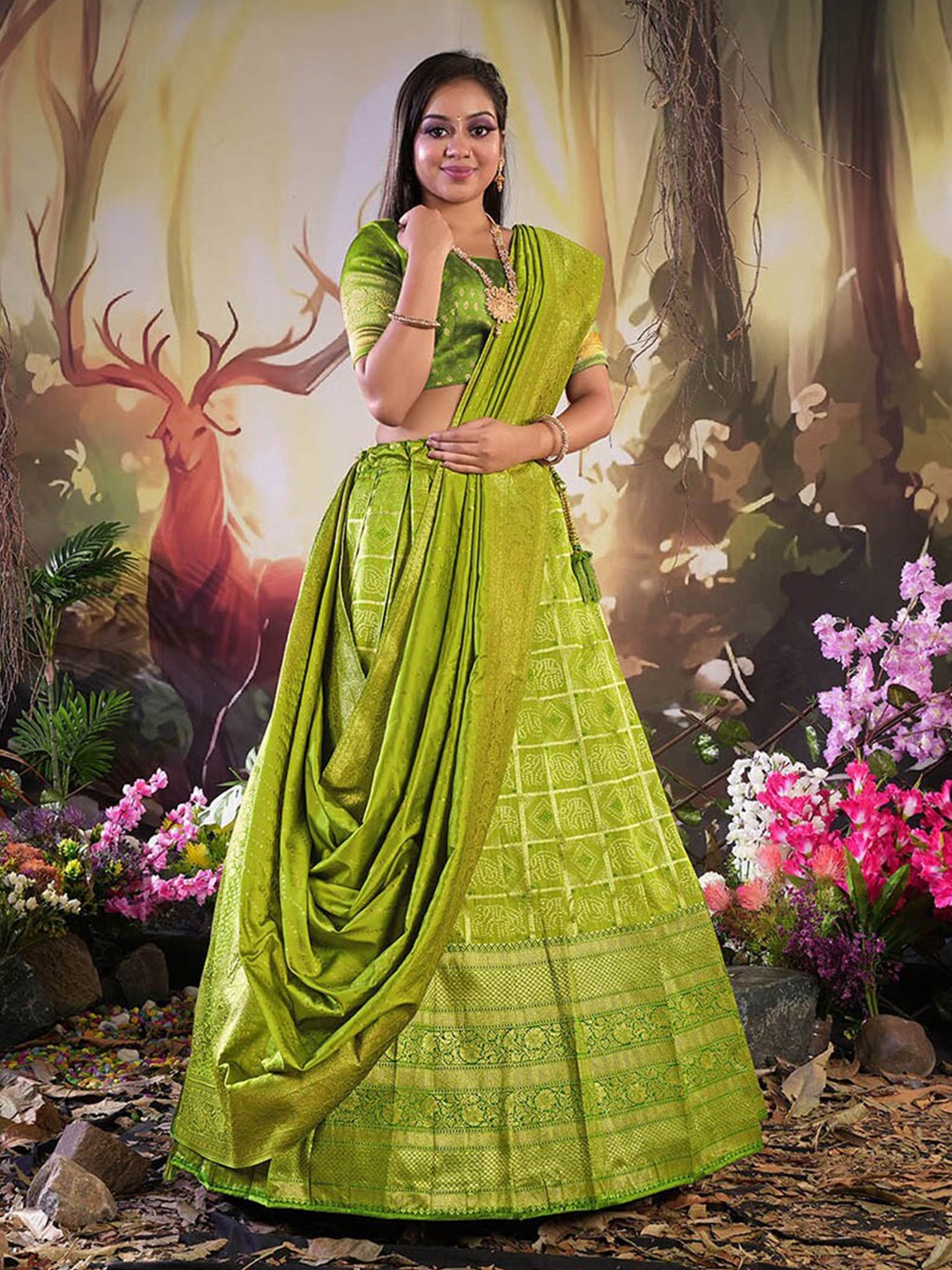 

HALFSAREE STUDIO Semi-Stitched Lehenga & Blouse With Dupatta, Green