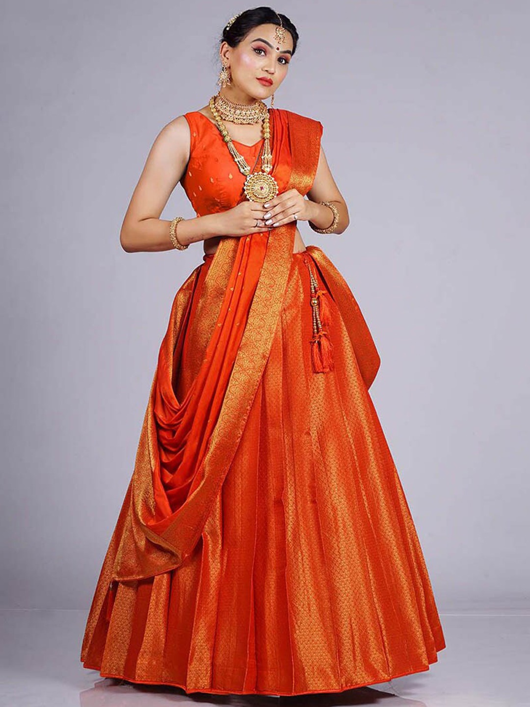 

HALFSAREE STUDIO Semi-Stitched Lehenga & Blouse With Dupatta, Orange
