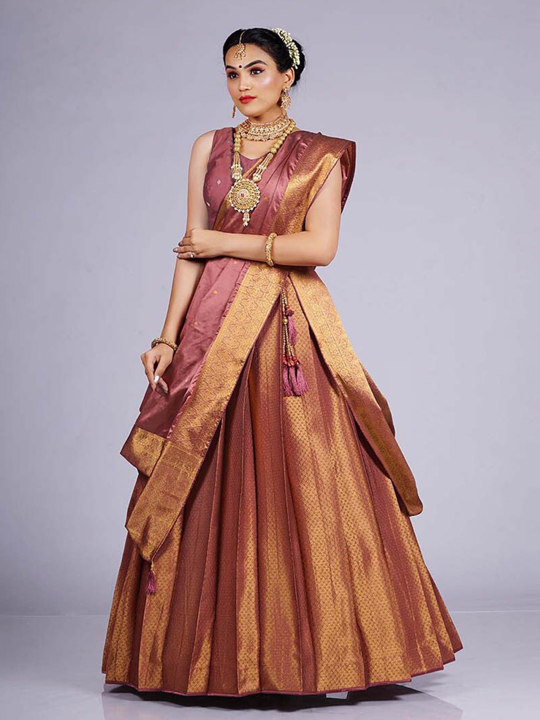

HALFSAREE STUDIO Semi-Stitched Lehenga & Blouse With Dupatta, Copper