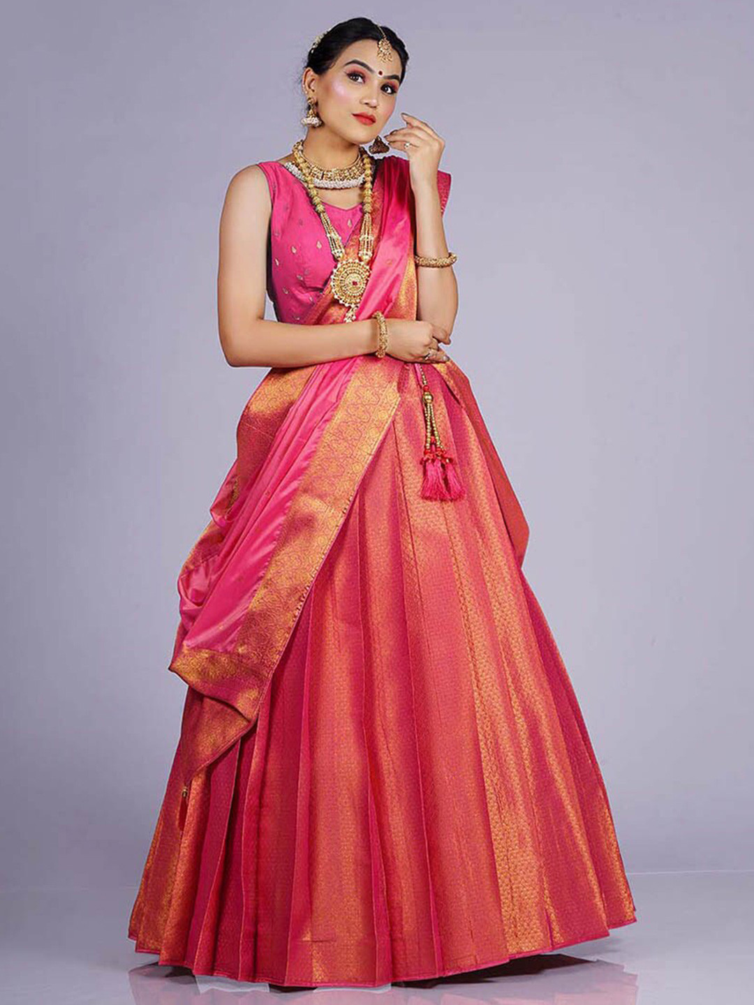 

HALFSAREE STUDIO Semi-Stitched Lehenga & Blouse With Dupatta, Orange