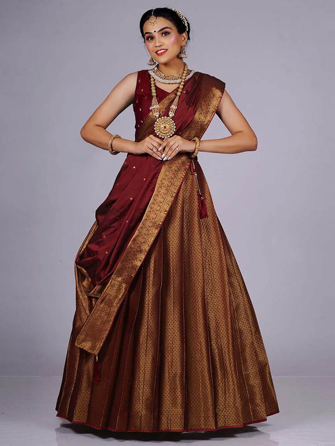 

HALFSAREE STUDIO Woven Design Silk Semi-Stitched Lehenga & Blouse With Dupatta, Maroon