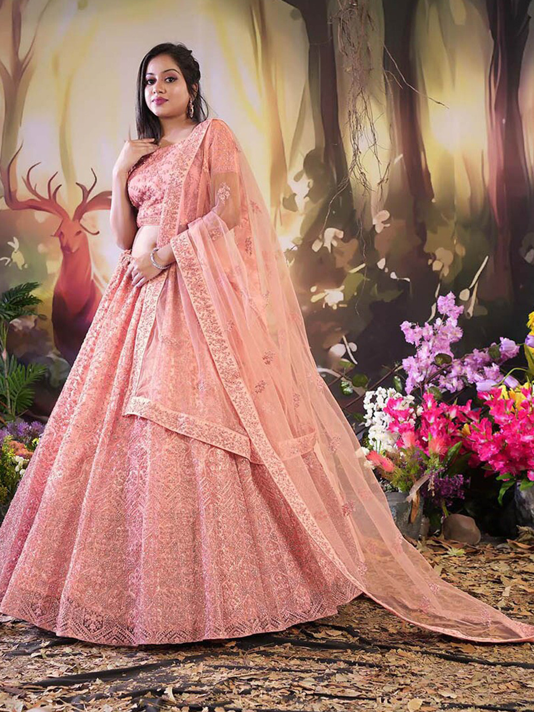 

HALFSAREE STUDIO Embellished Semi-Stitched Silk Lehenga With Blouse & Dupatta, Pink