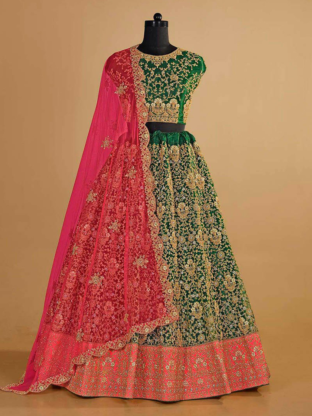

HALFSAREE STUDIO Embroidered Semi-Stitched Banarasi Silk Lehenga With Blouse & Dupatta, Green