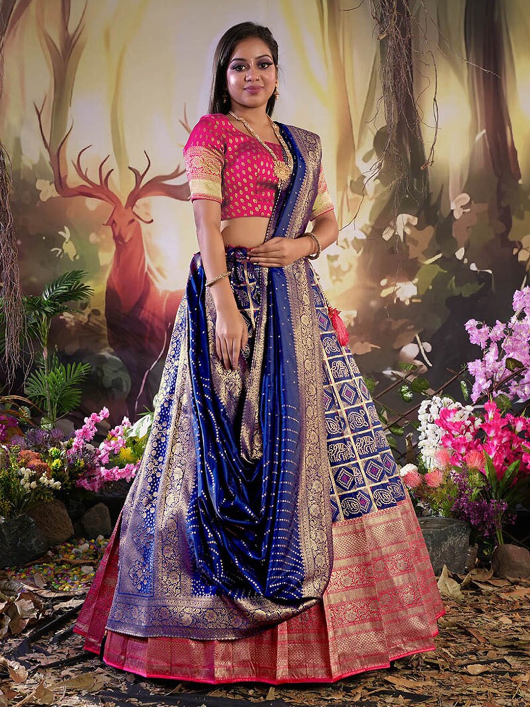 

HALFSAREE STUDIO Semi Stitched Lehenga & Blouse With Dupatta, Navy blue