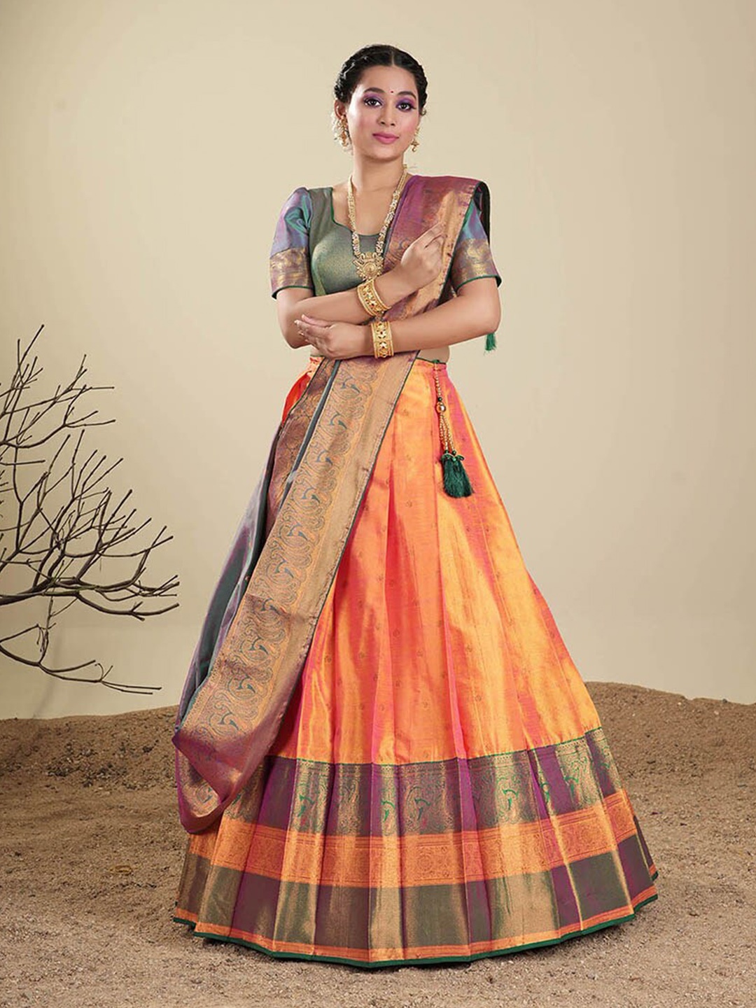 

HALFSAREE STUDIO Woven Design Silk Semi-Stitched Lehenga & Blouse With Dupatta, Orange
