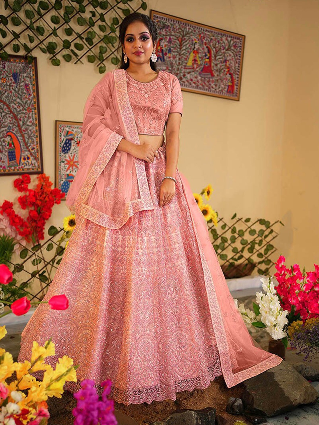 

HALFSAREE STUDIO Embroidered Semi-Stitched Lehenga & Blouse With Dupatta, Peach