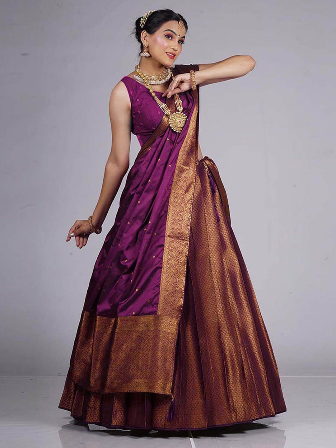 

HALFSAREE STUDIO Semi Stitched Lehenga & Blouse With Dupatta, Burgundy