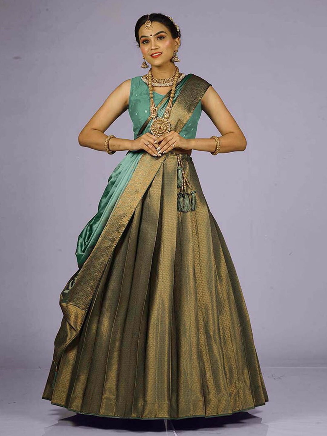 

HALFSAREE STUDIO Woven Design Semi-Stitched Lehenga & Blouse With Dupatta, Green