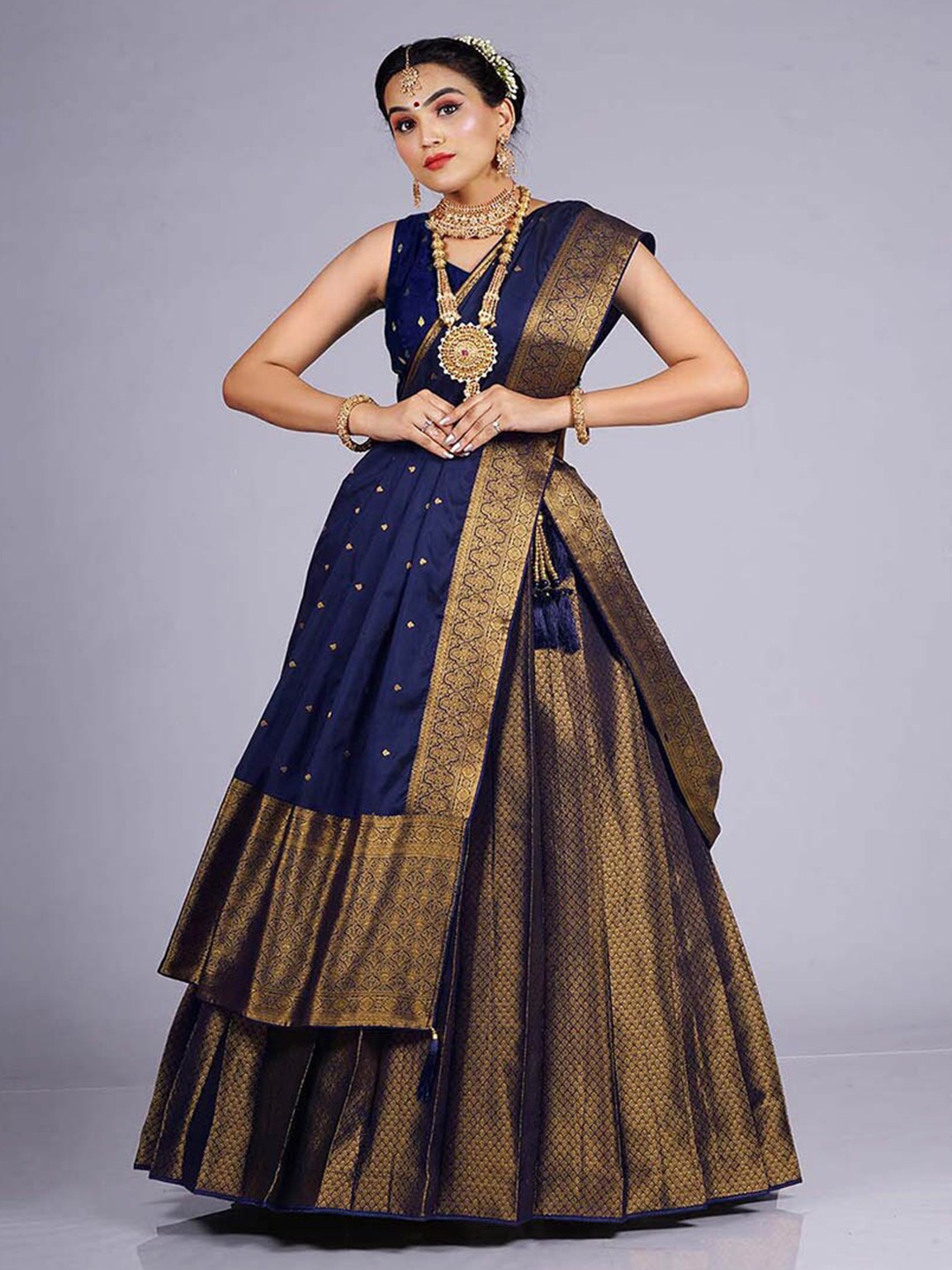 

HALFSAREE STUDIO Woven Design Semi-Stitched Banarasi Silk Lehenga With Blouse & Dupatta, Navy blue