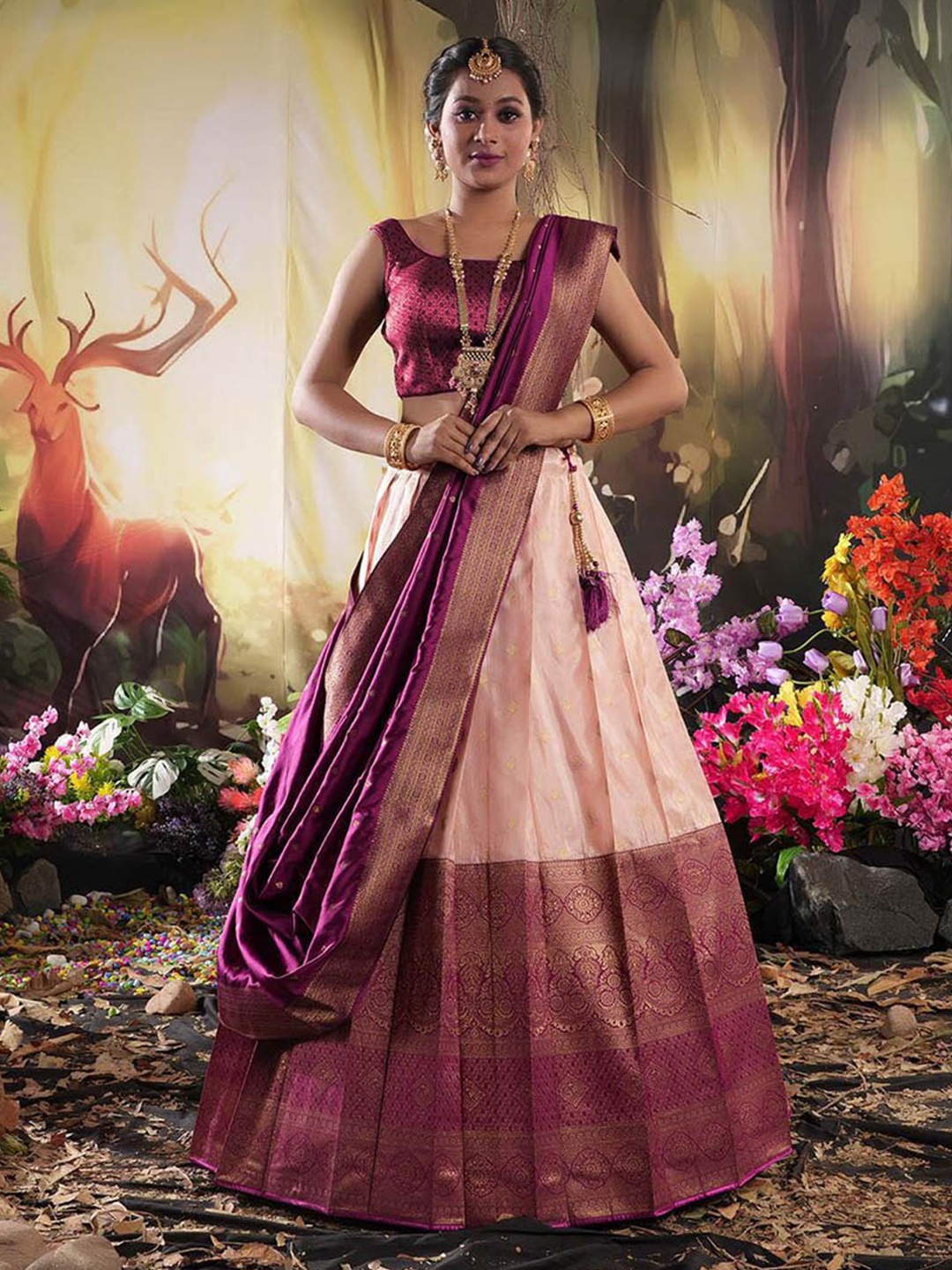 

HALFSAREE STUDIO Woven Design Semi-Stitched Banarasi Silk Lehenga With Blouse & Dupatta, Pink
