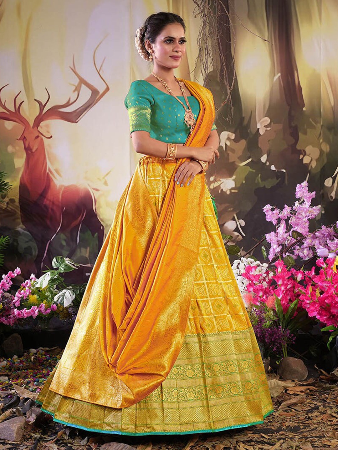

HALFSAREE STUDIO Semi Stitched Lehenga & Blouse With Dupatta, Gold